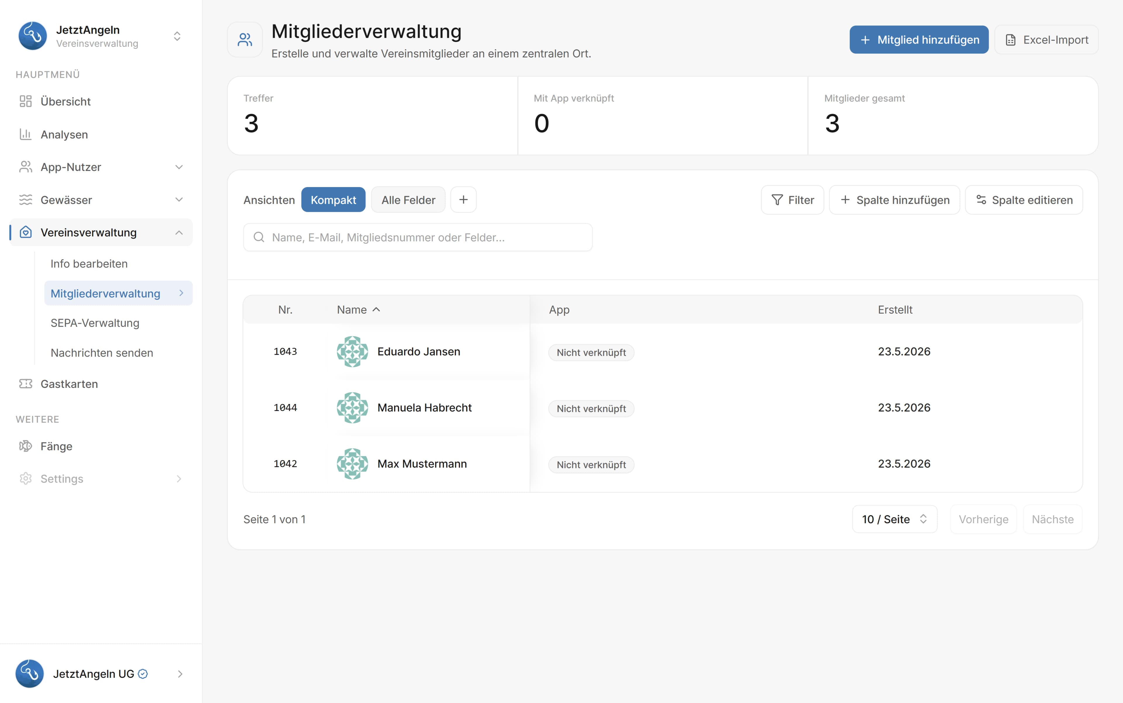 Mitgliederverwaltung im JetztAngeln Vereins-Dashboard